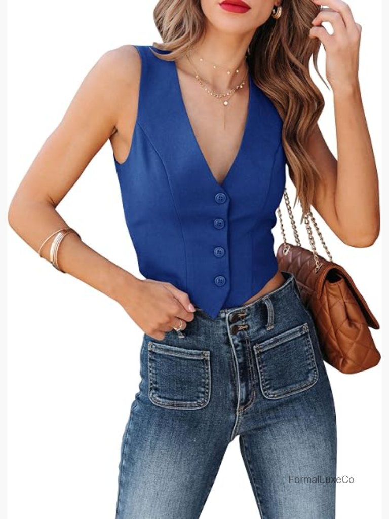 Sleeveless V Neck Business Vest Fully Lined Button Up Fitted Jacket Waistcoat
